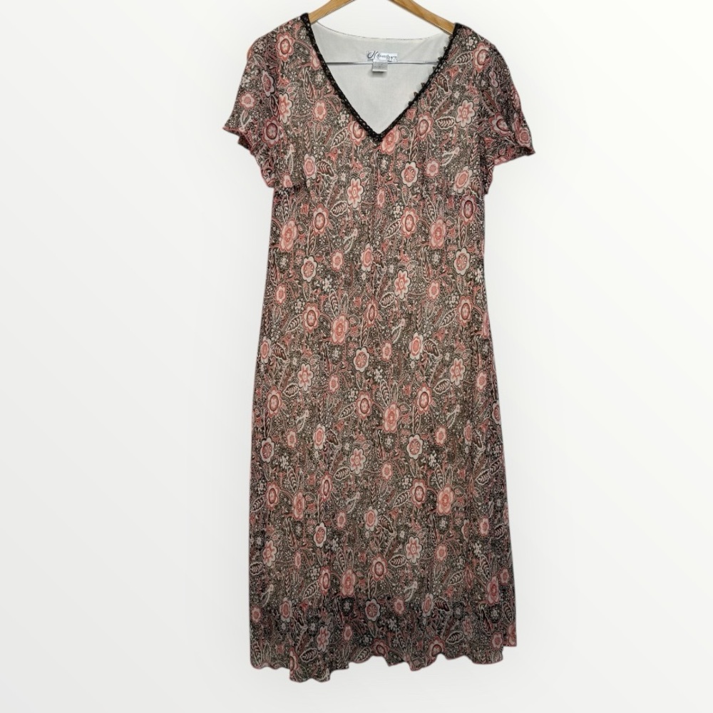 Vintage Dress Barn Brown Floral Print Dress Women’s Size 14W Split Sleeve V Neck